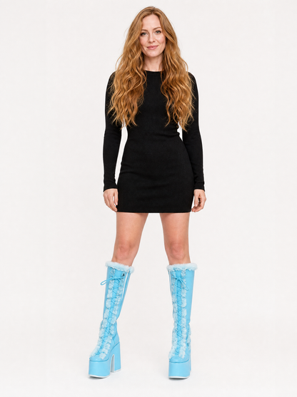 Women's sky blue faux fur platform knee high boots, front view