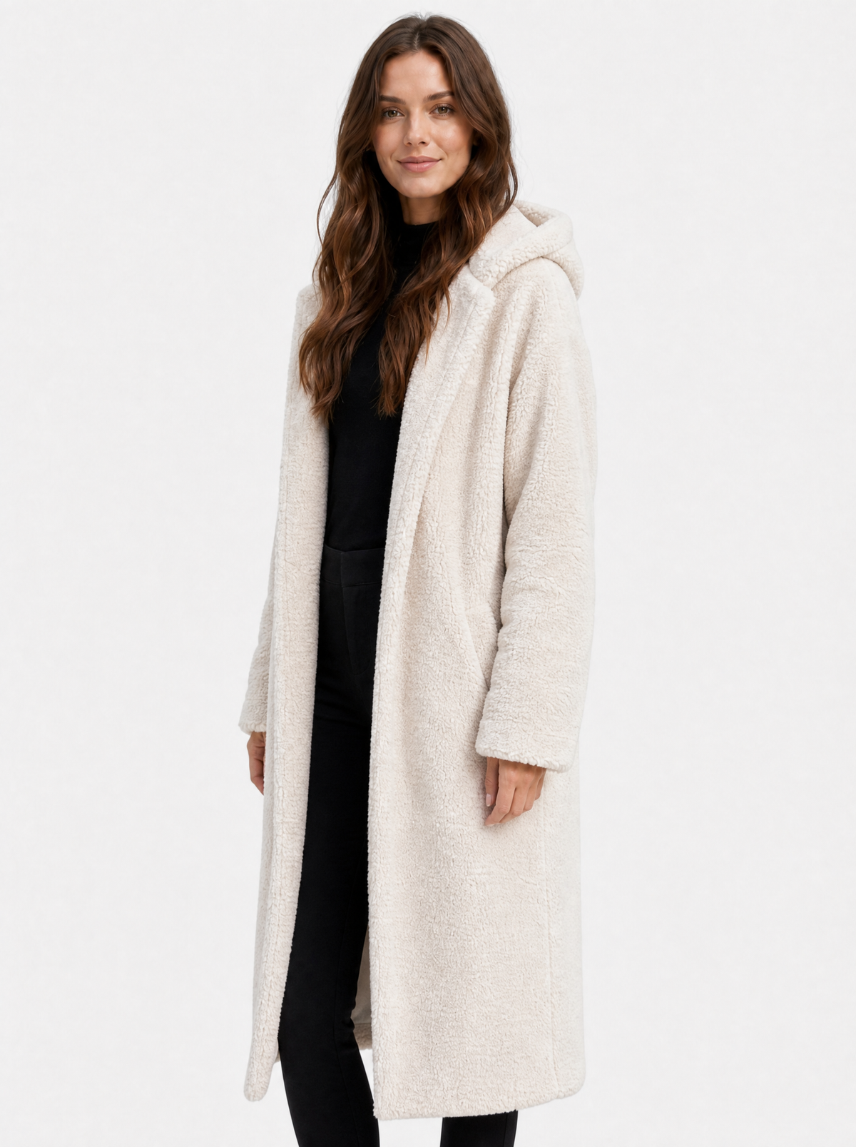 Women's off-white hooded teddy fleece coat, side view