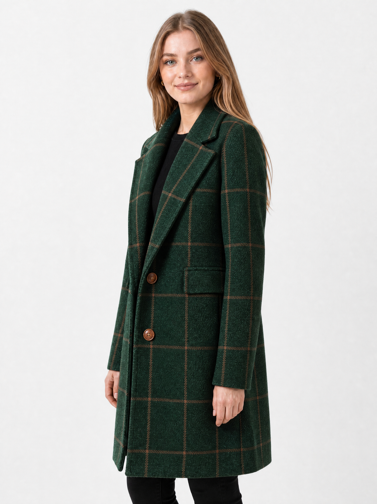 Women's dark green checked wool blend coat, side view