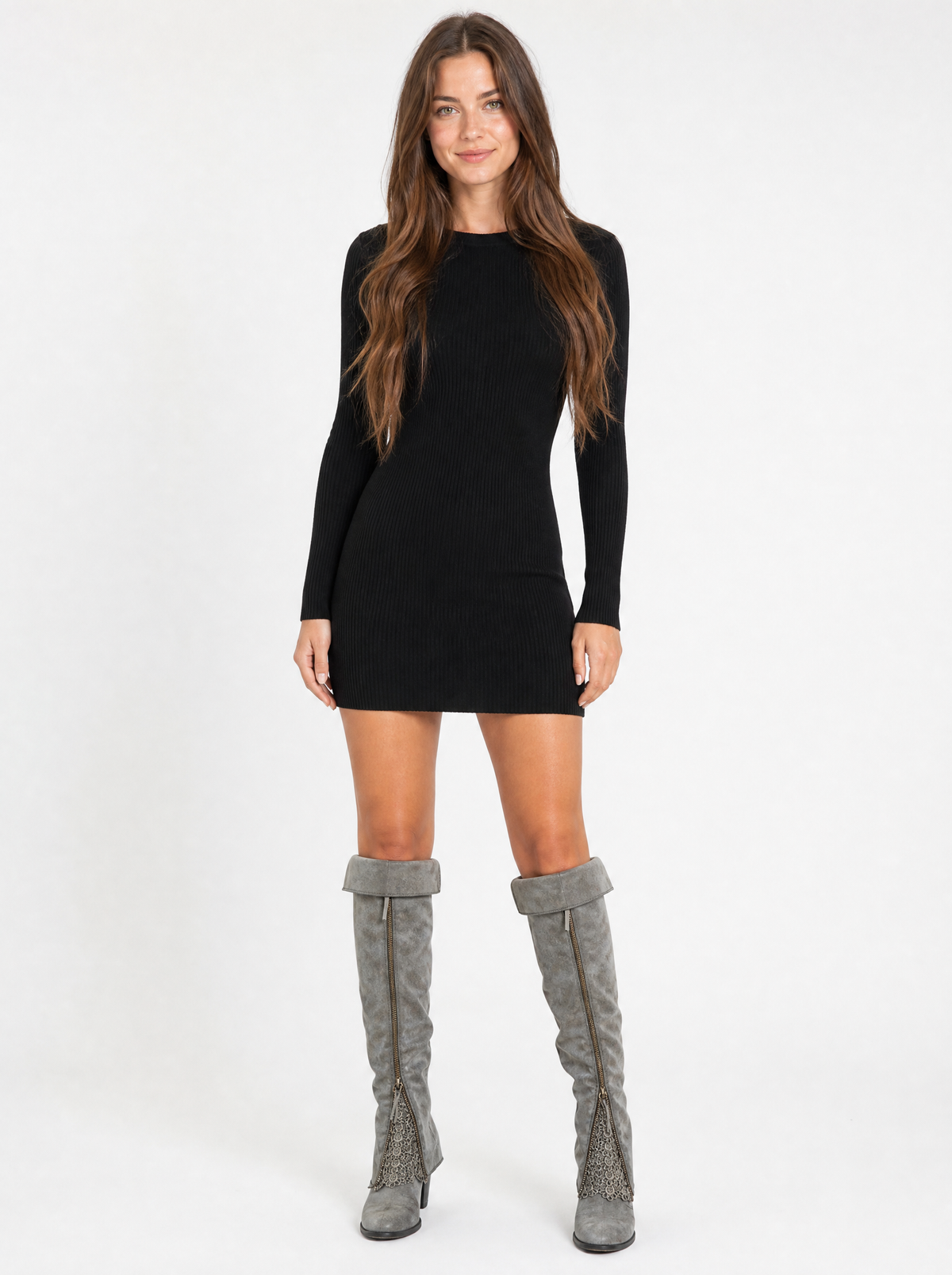 Women's grey slouchy heeled knee high boots, front view