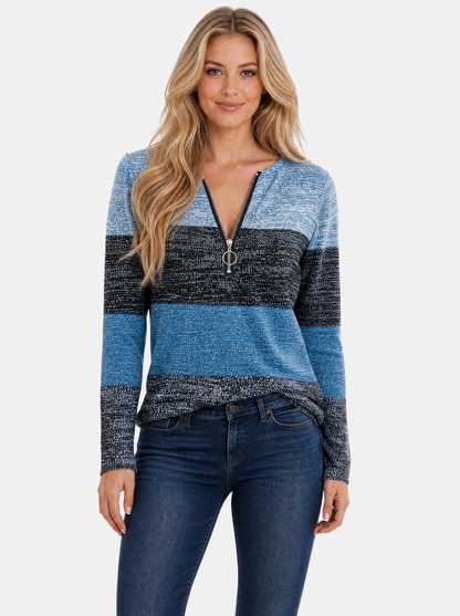Women's Blue colour block quarter zip top, front view