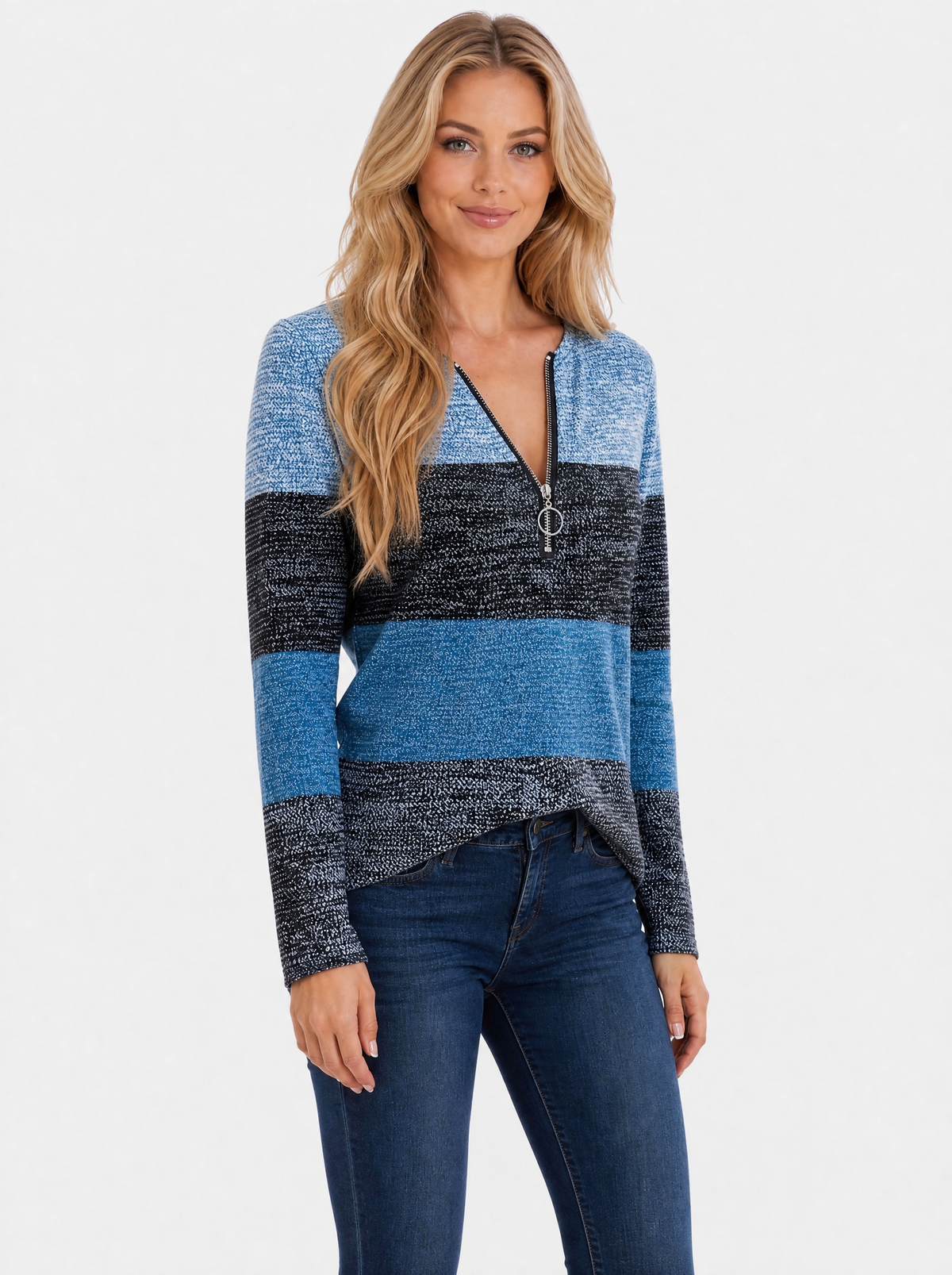 Women's Blue colour block quarter zip top, side view