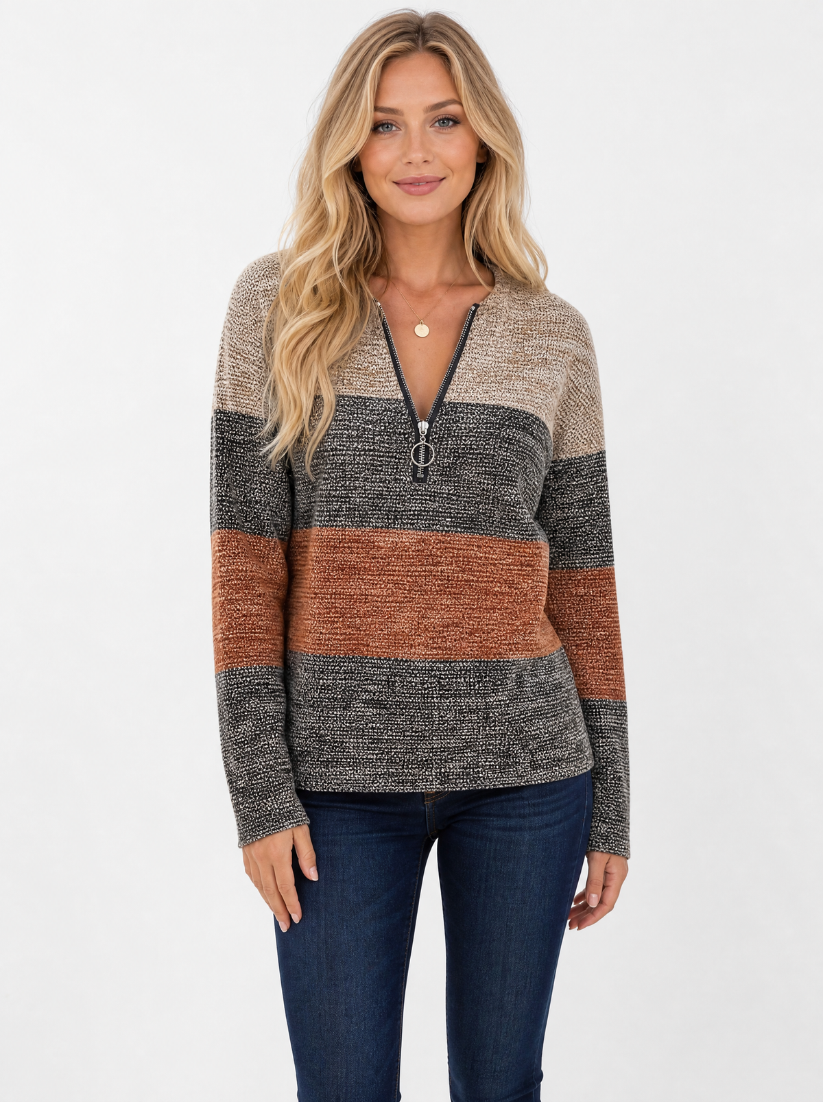 Women's Tan colour block quarter zip top, front view