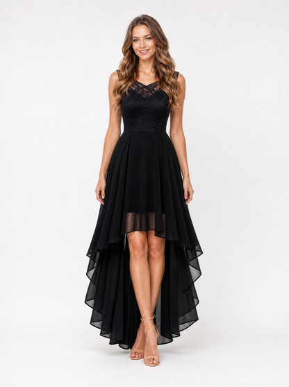 Women's Black high low christmas party dress, front view