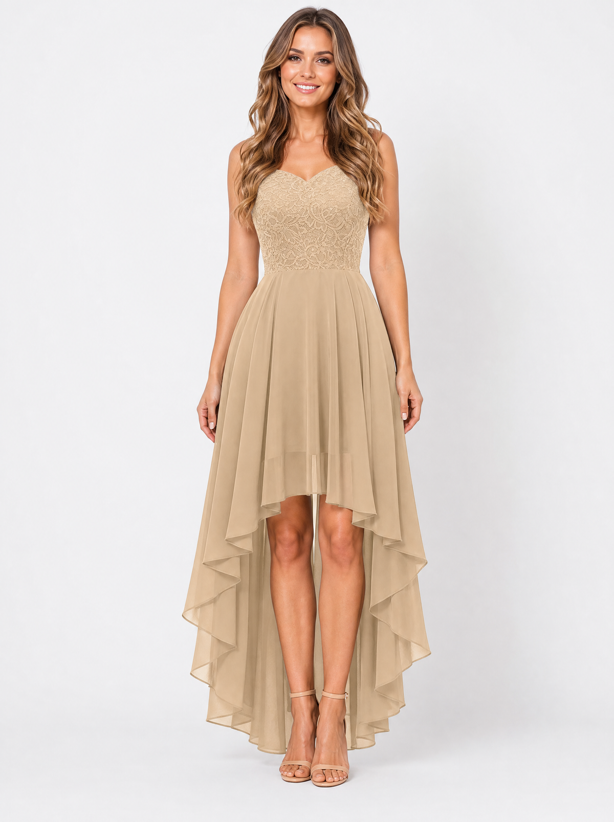 Women's Gold high low christmas party dress, front view