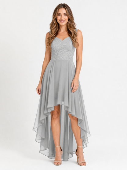 Women's Grey high low christmas party dress, front view
