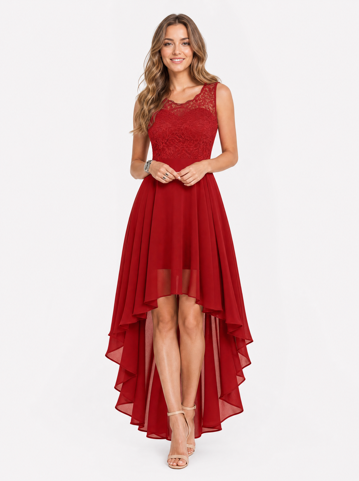 Women's Red high low christmas party dress, front view
