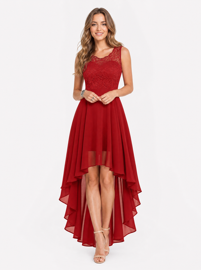 Women's Red high low christmas party dress, front view
