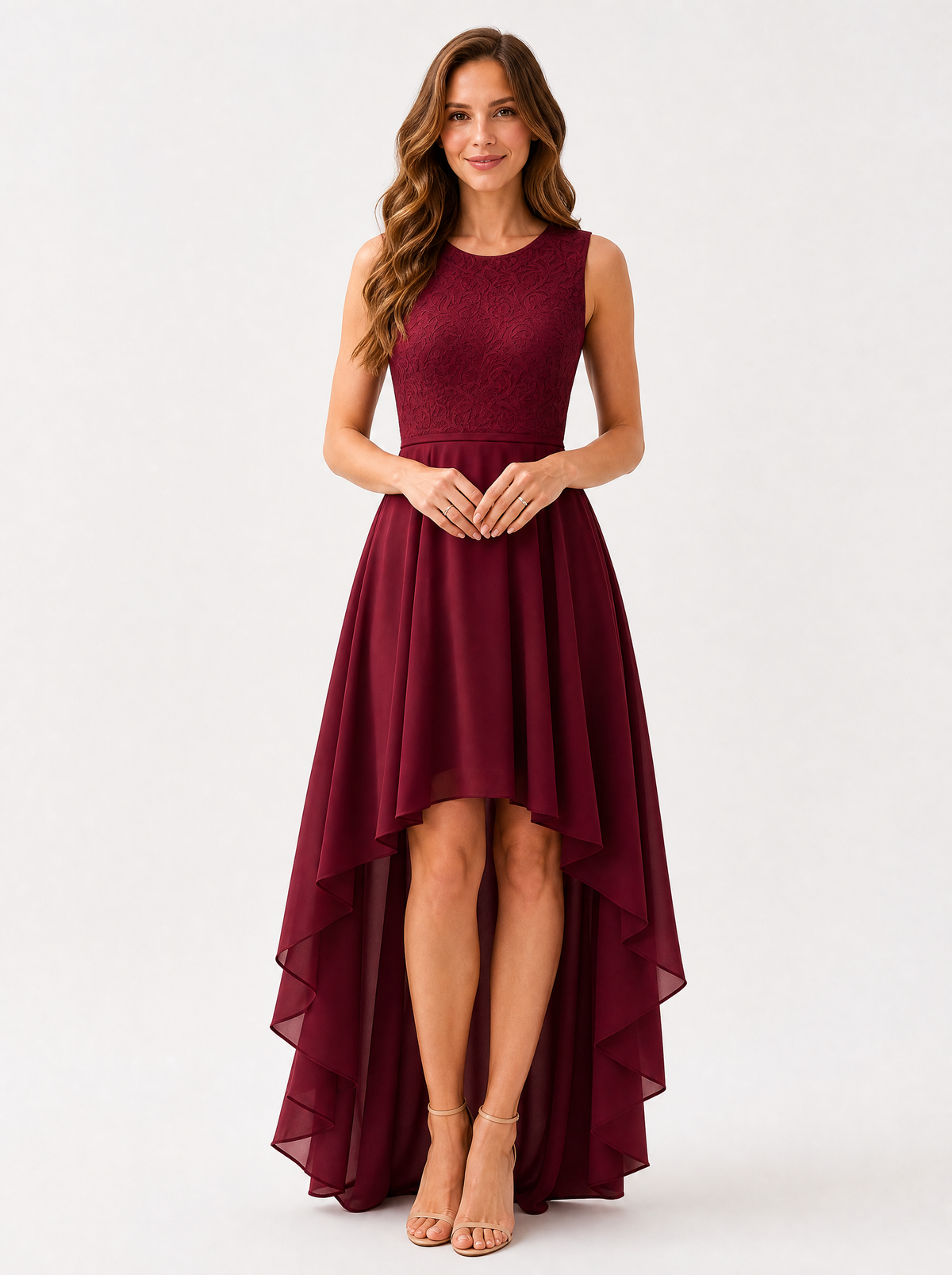 Women's Wine Red high low christmas party dress, front view