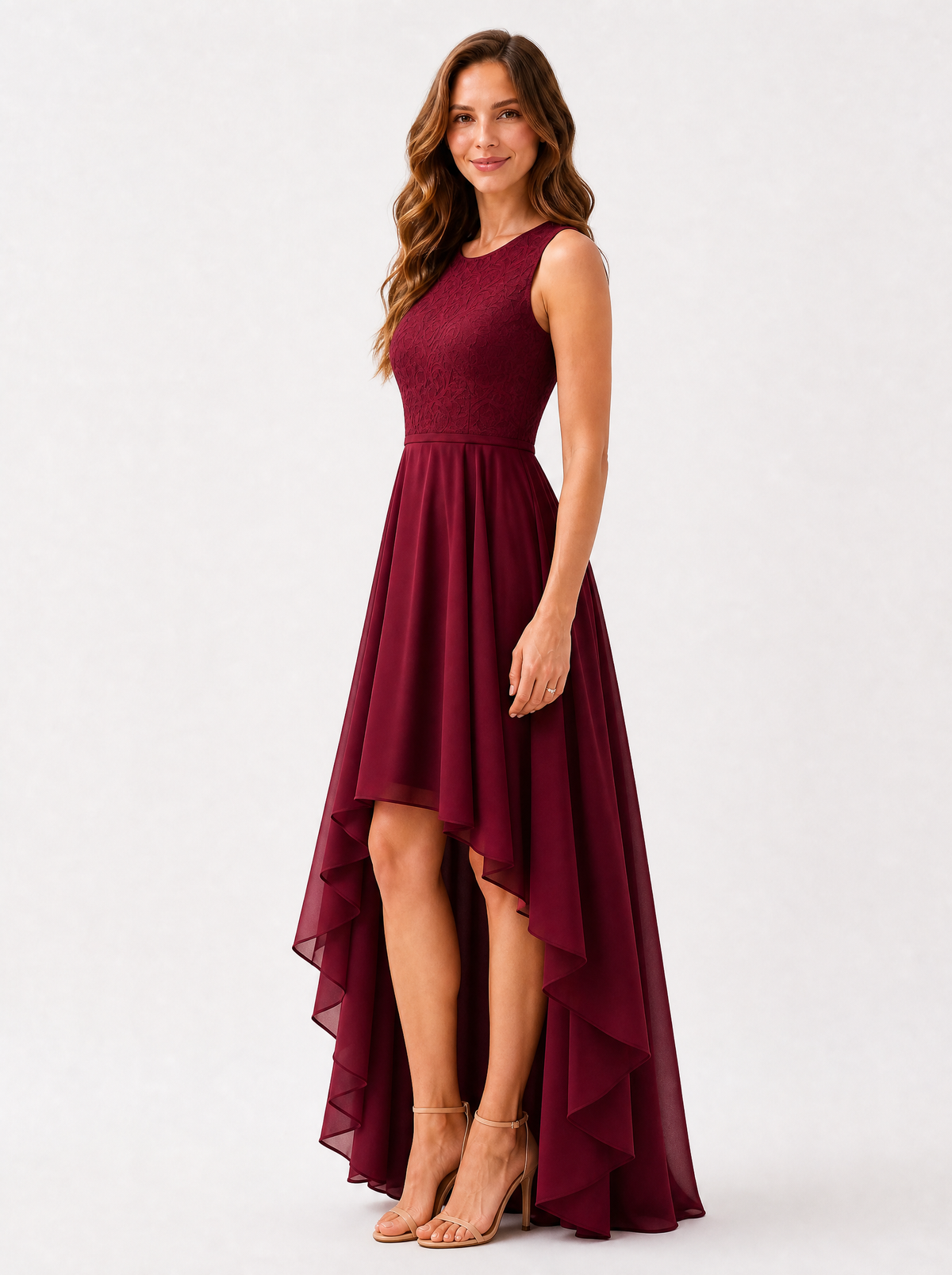 Women's Wine Red high low christmas party dress, side view