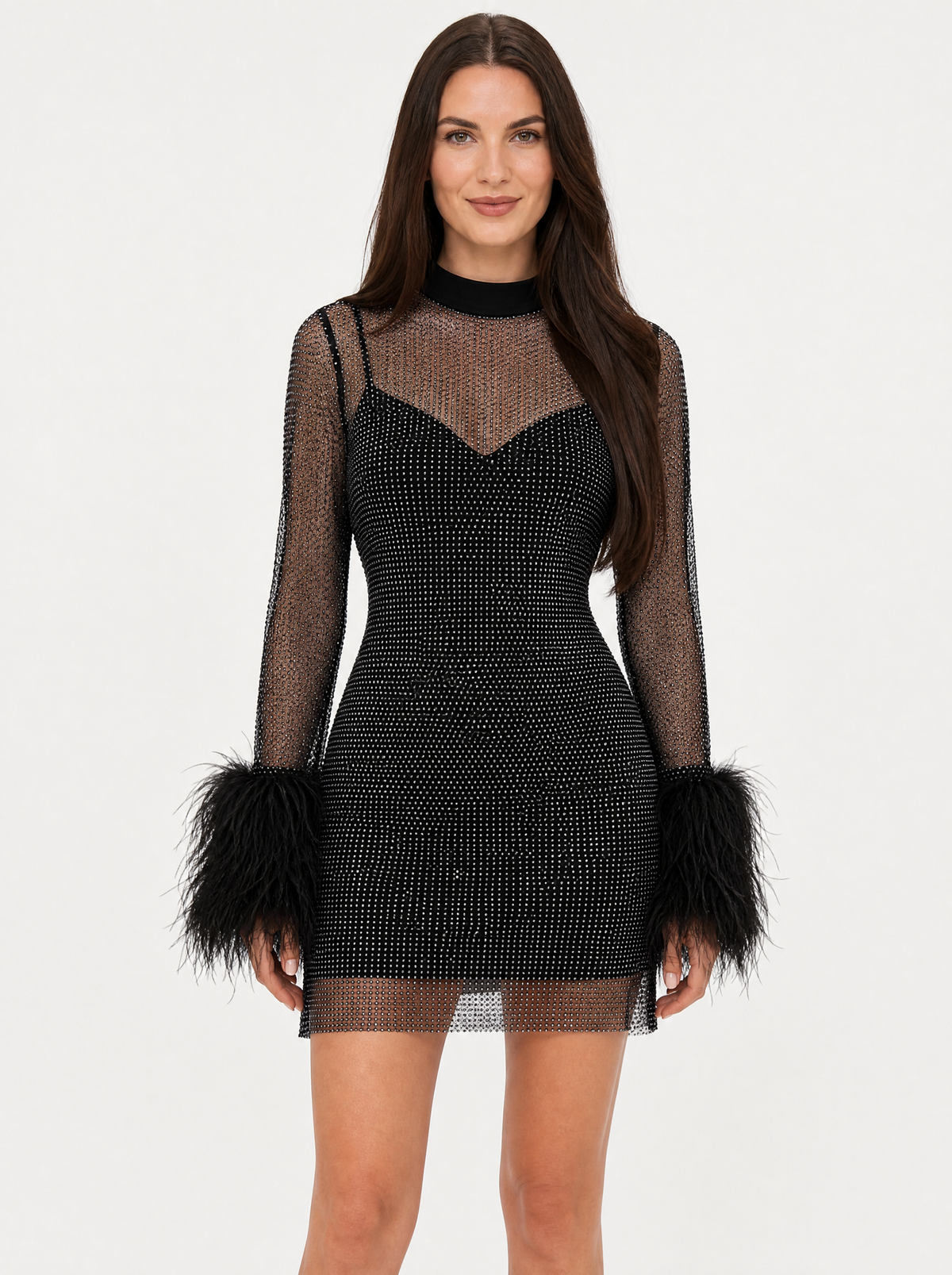 Women's Black sequin feather cuff christmas party dress, front view
