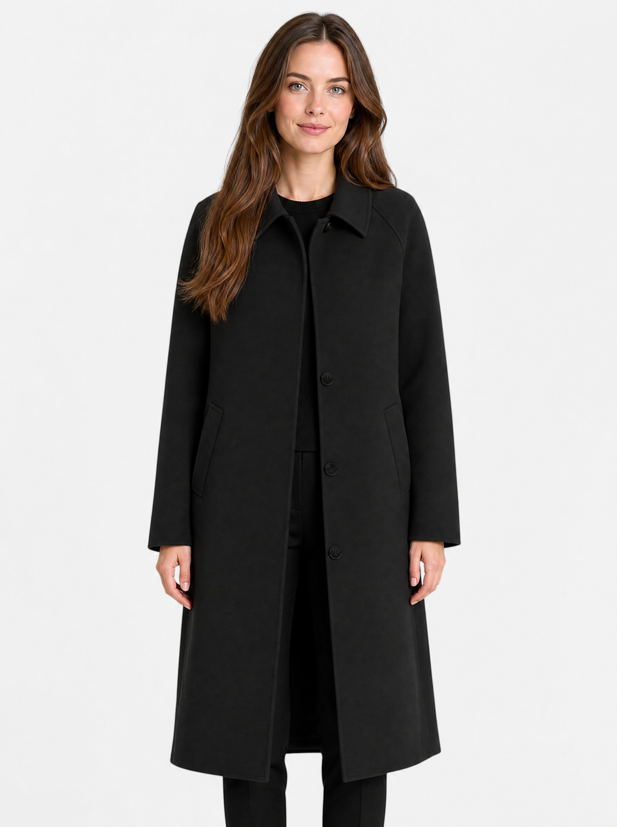 Women's Black long single breasted trench coat, front view