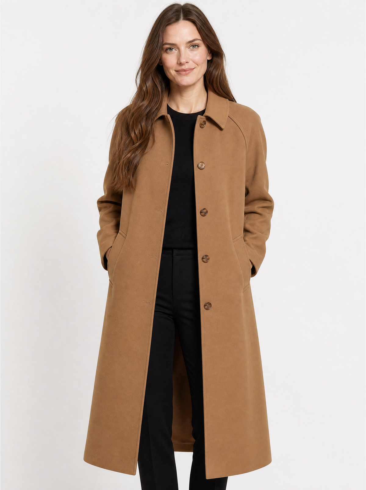 Women's Brown long single breasted trench coat, front view