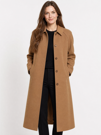Women's Brown long single breasted trench coat, front view