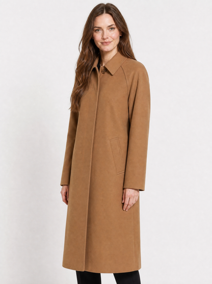 Women's Brown long single breasted trench coat, side view