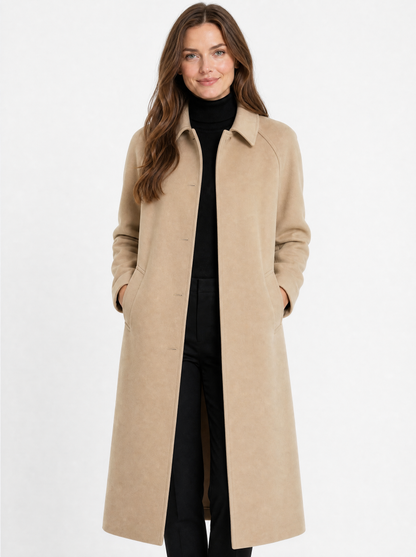 Women's Khaki long single breasted trench coat, front view