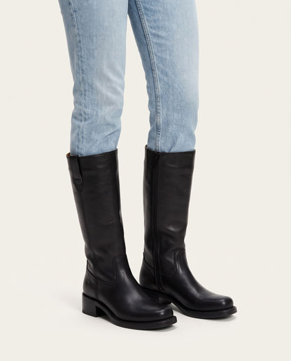 Knee-High Boots with Slim Fit and Structured Sole in Black – three-quarter standing view
