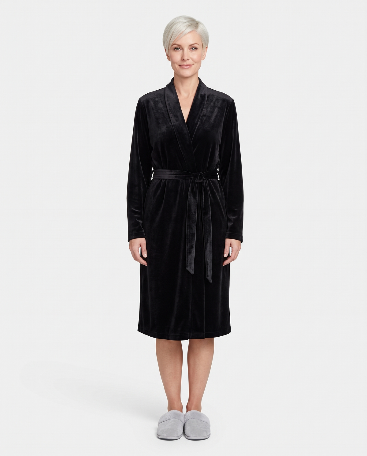 Women's Velvet Long Dressing Gown in Black, front view