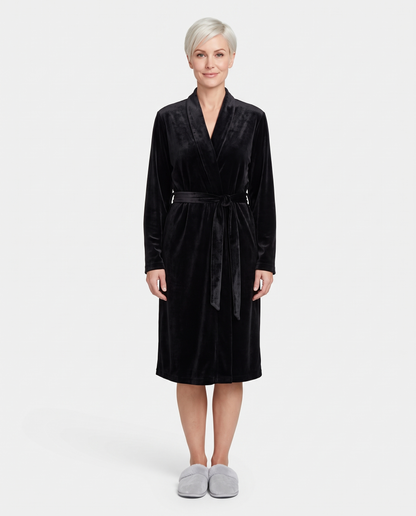 Women's Velvet Long Dressing Gown in Black, front view