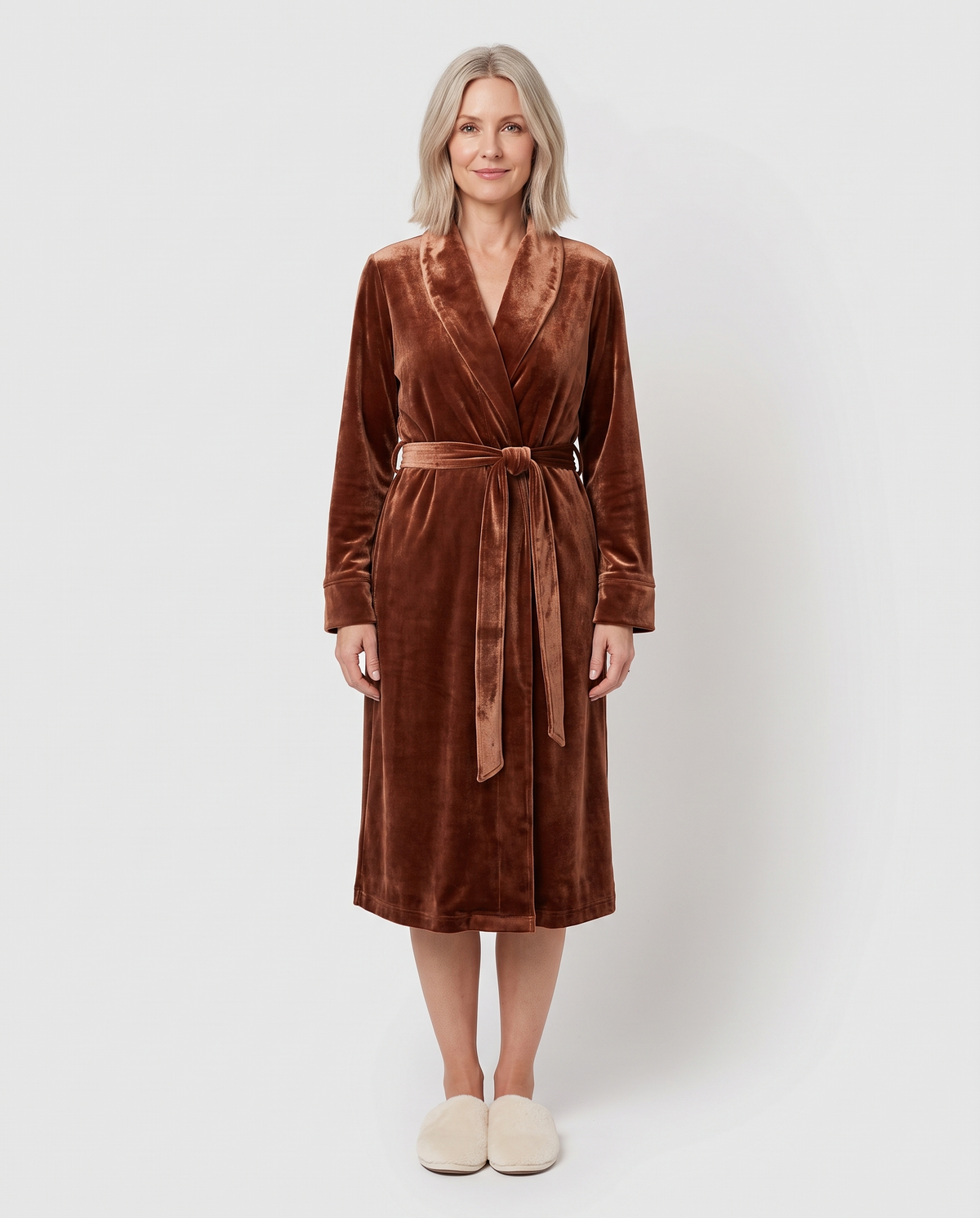 Women's Velvet Long Dressing Gown in Brown, front view