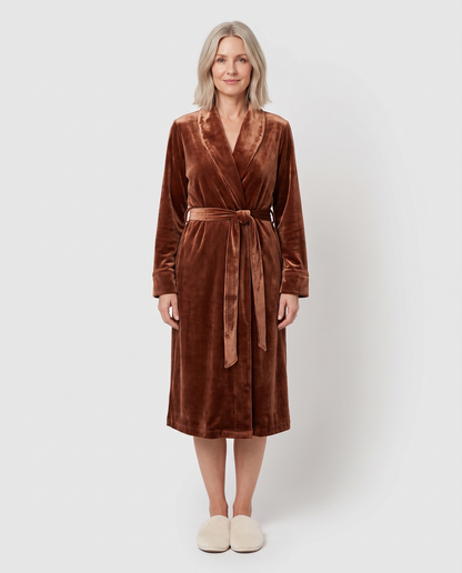 Women's Velvet Long Dressing Gown in Brown, front view