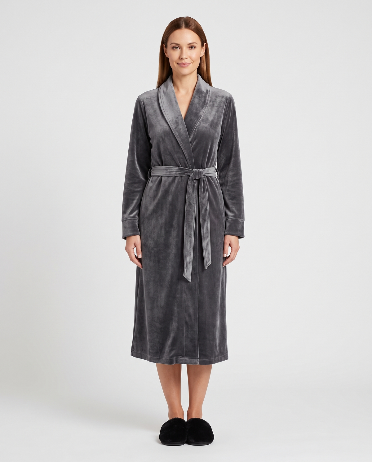 Women's Velvet Long Dressing Gown in Gray, front view