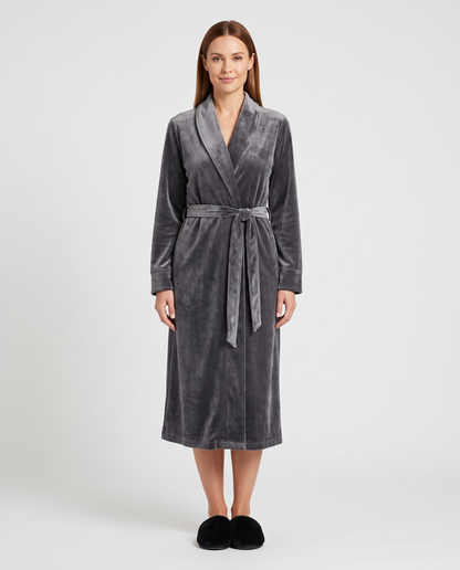 Women's Velvet Long Dressing Gown in Gray, front view