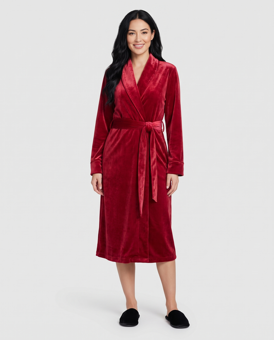 Women's Velvet Long Dressing Gown in Red, front view