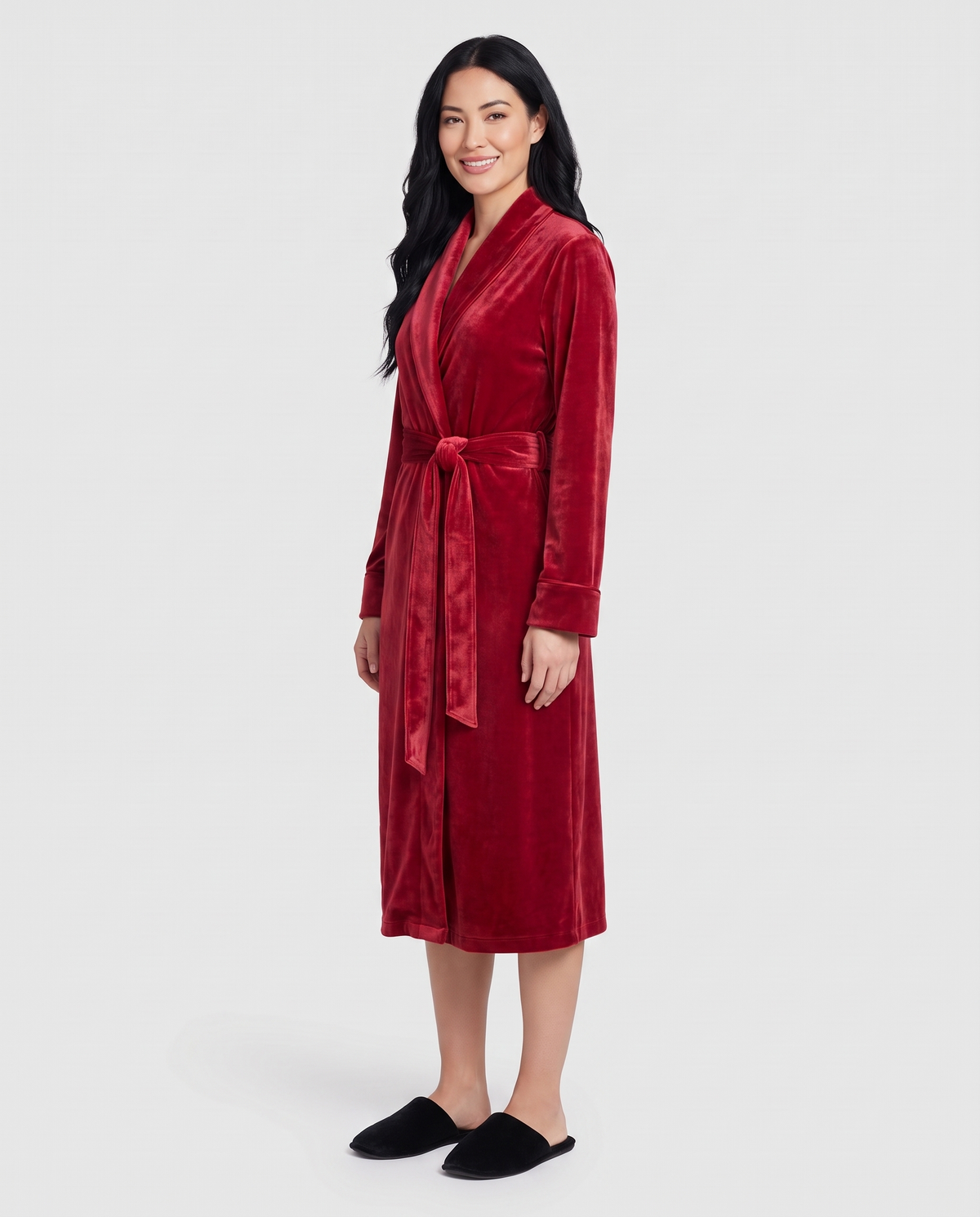Women's Velvet Long Dressing Gown in Red, three-quarter view