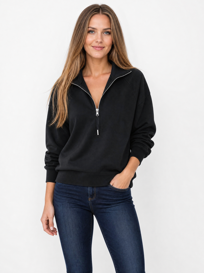 Women's Black relaxed quarter zip sweatshirt, front view