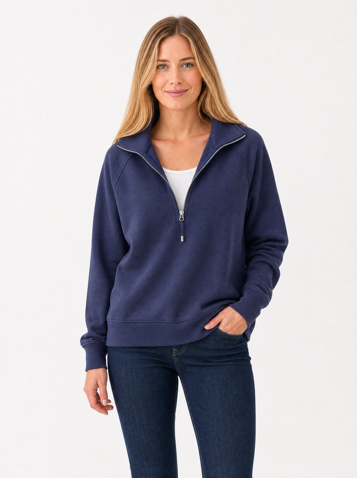 Women's Dark Blue relaxed quarter zip sweatshirt, front view