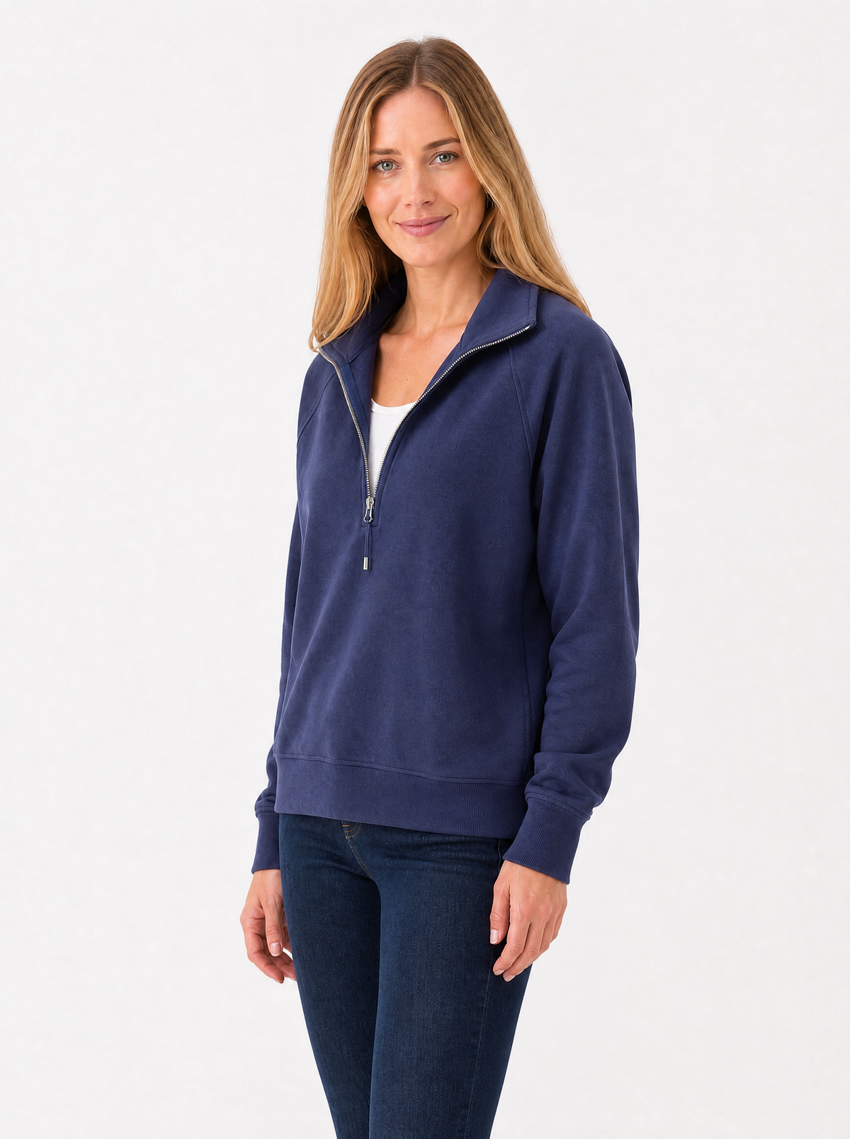 Women's Dark Blue relaxed quarter zip sweatshirt, side view