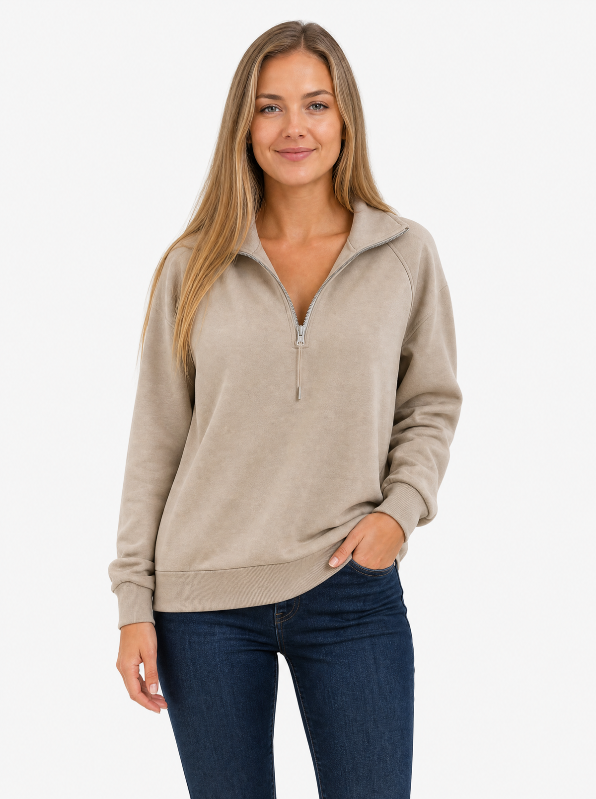 Women's Khaki relaxed quarter zip sweatshirt, front view