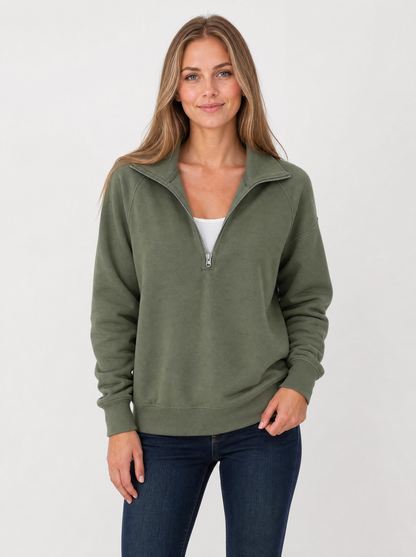 Women's Olive relaxed quarter zip sweatshirt, front view