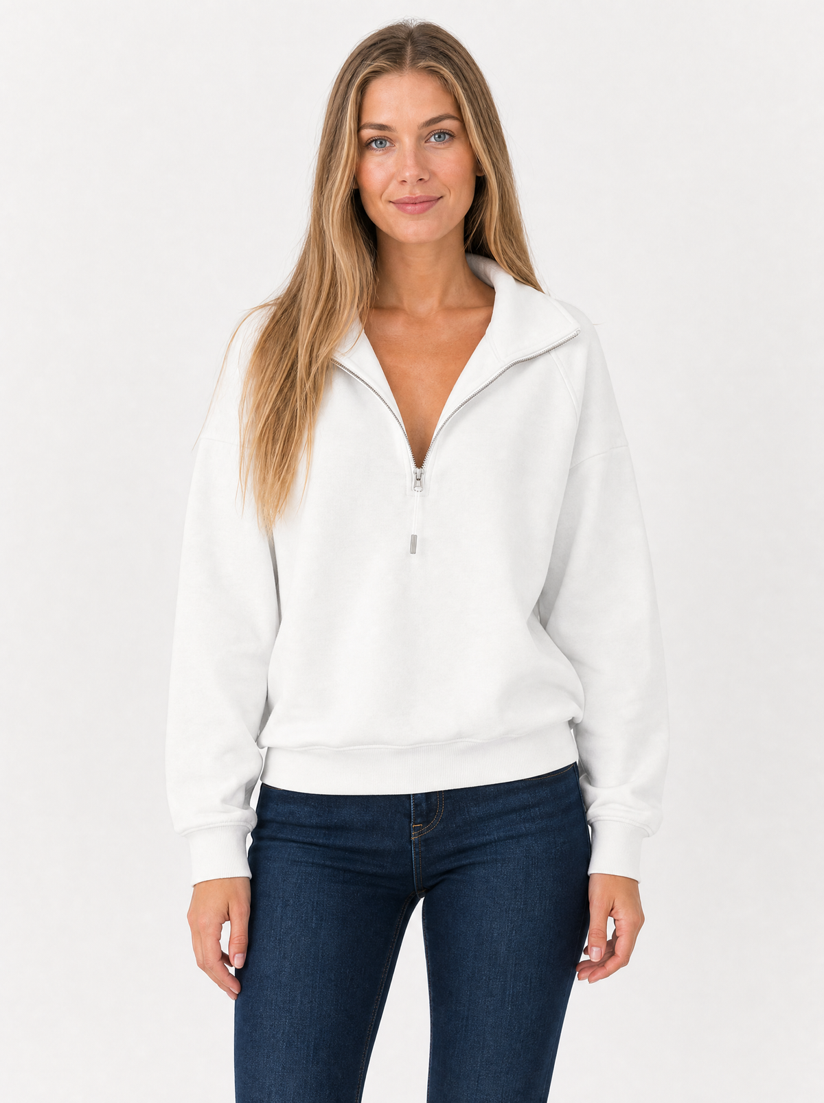 Women's White relaxed quarter zip sweatshirt, front view