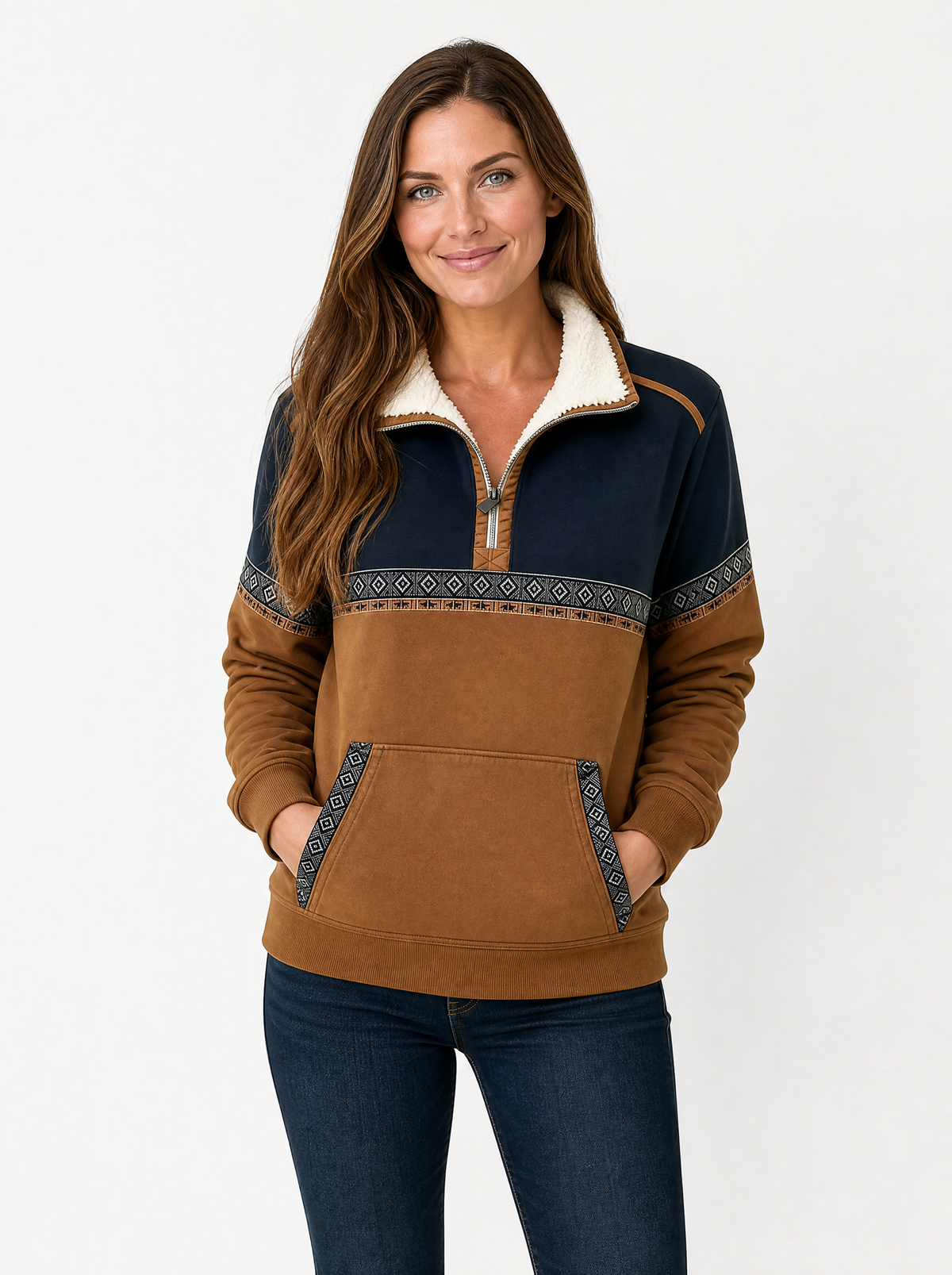 Women's Brown sherpa collar quarter zip sweatshirt, front view