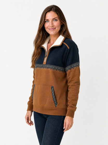 Women's Brown sherpa collar quarter zip sweatshirt, side view