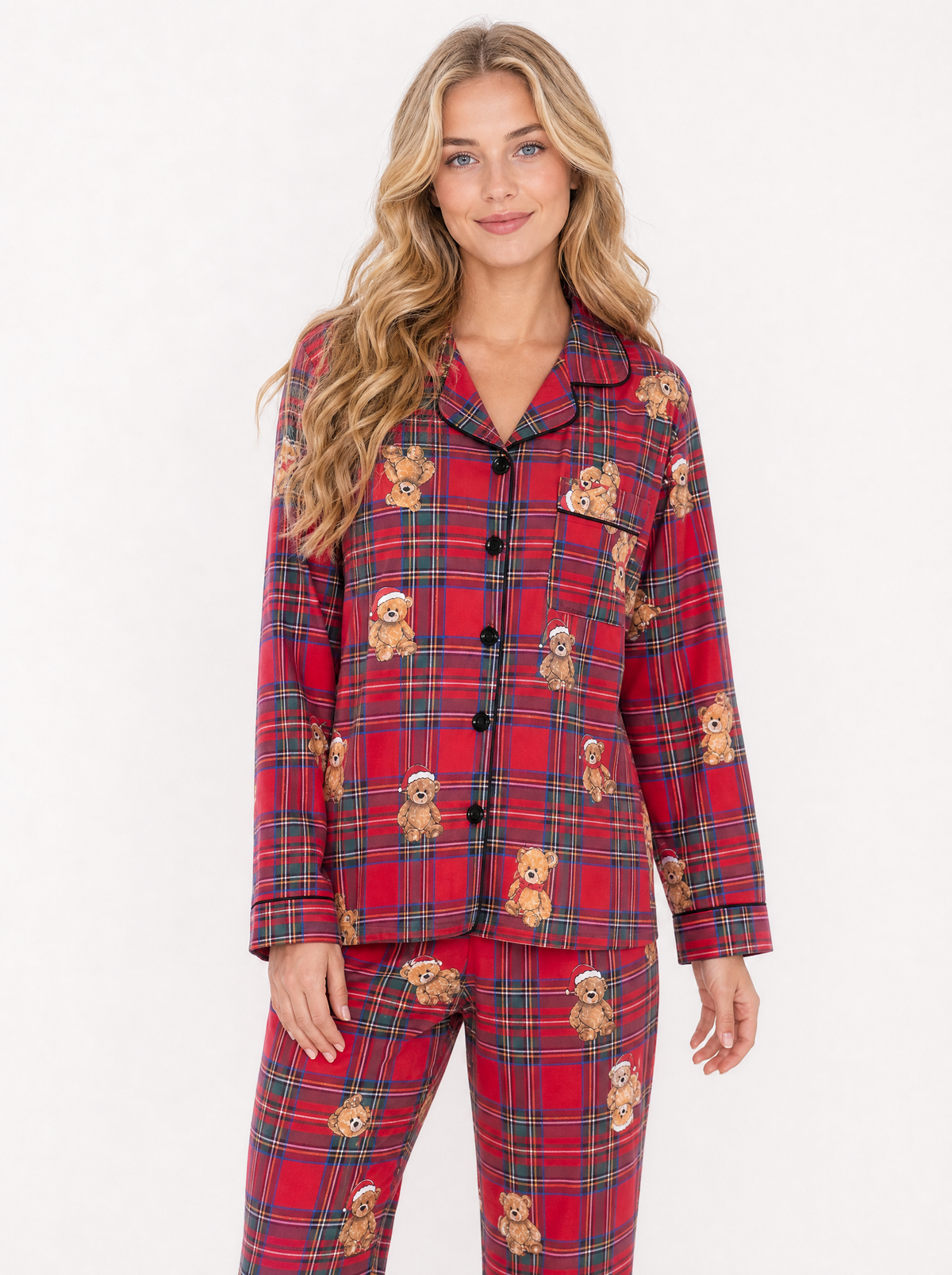 Women's Red plaid bear print christmas pyjama set, front view