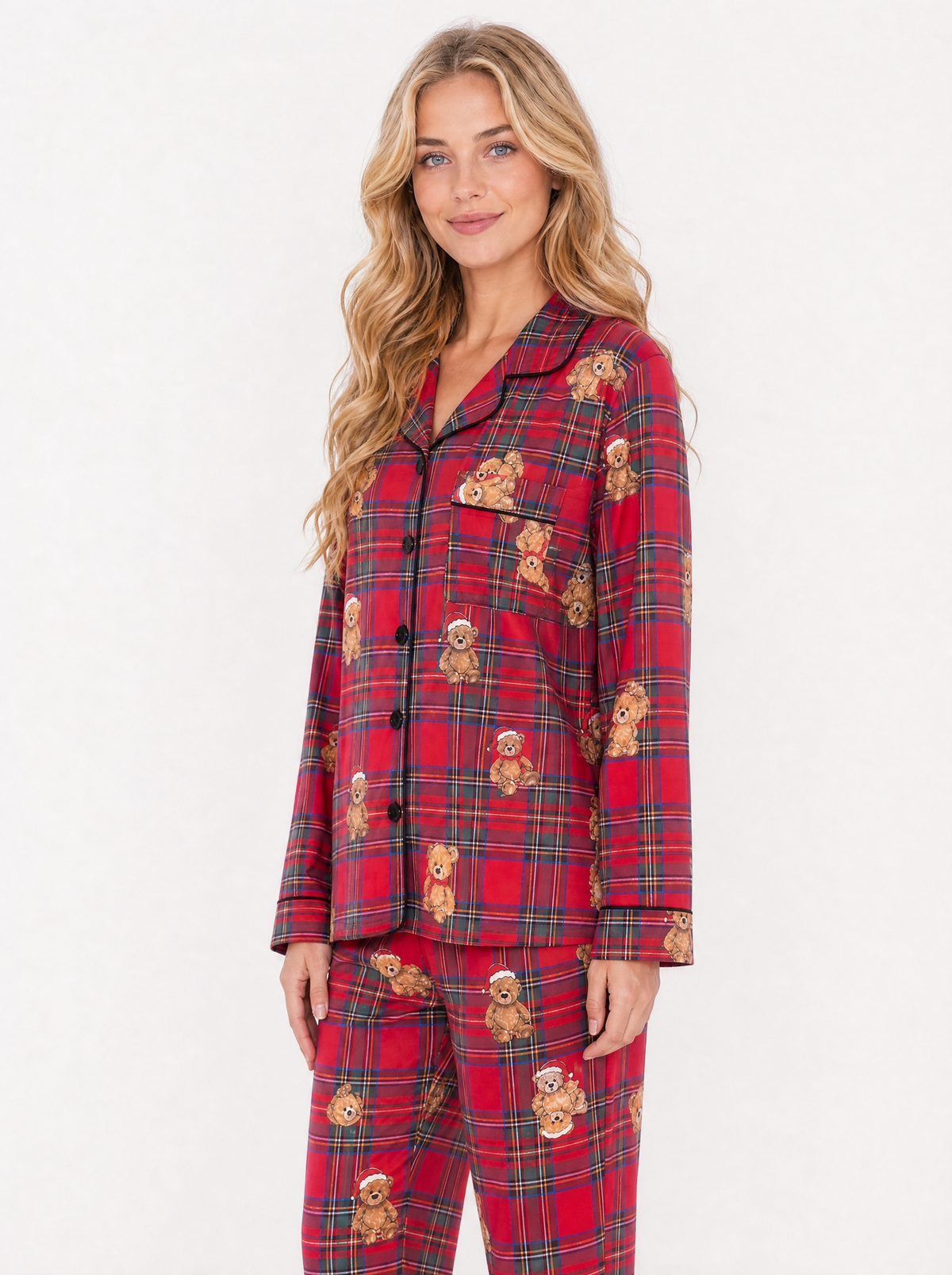 Women's Red plaid bear print christmas pyjama set, side view