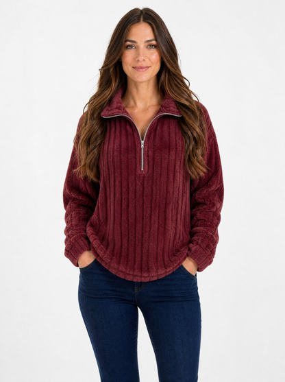 Women's Red cosy ribbed quarter zip jumper, front view