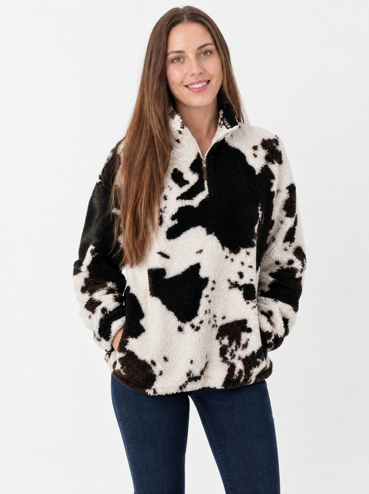 Women's Black/White cow print sherpa quarter zip, front view