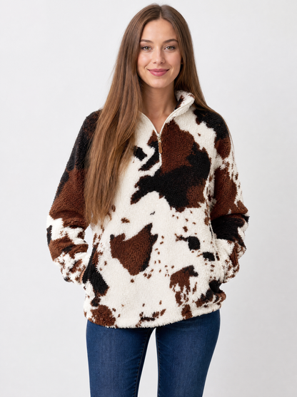Women's Dark Brown/White cow print sherpa quarter zip, front view