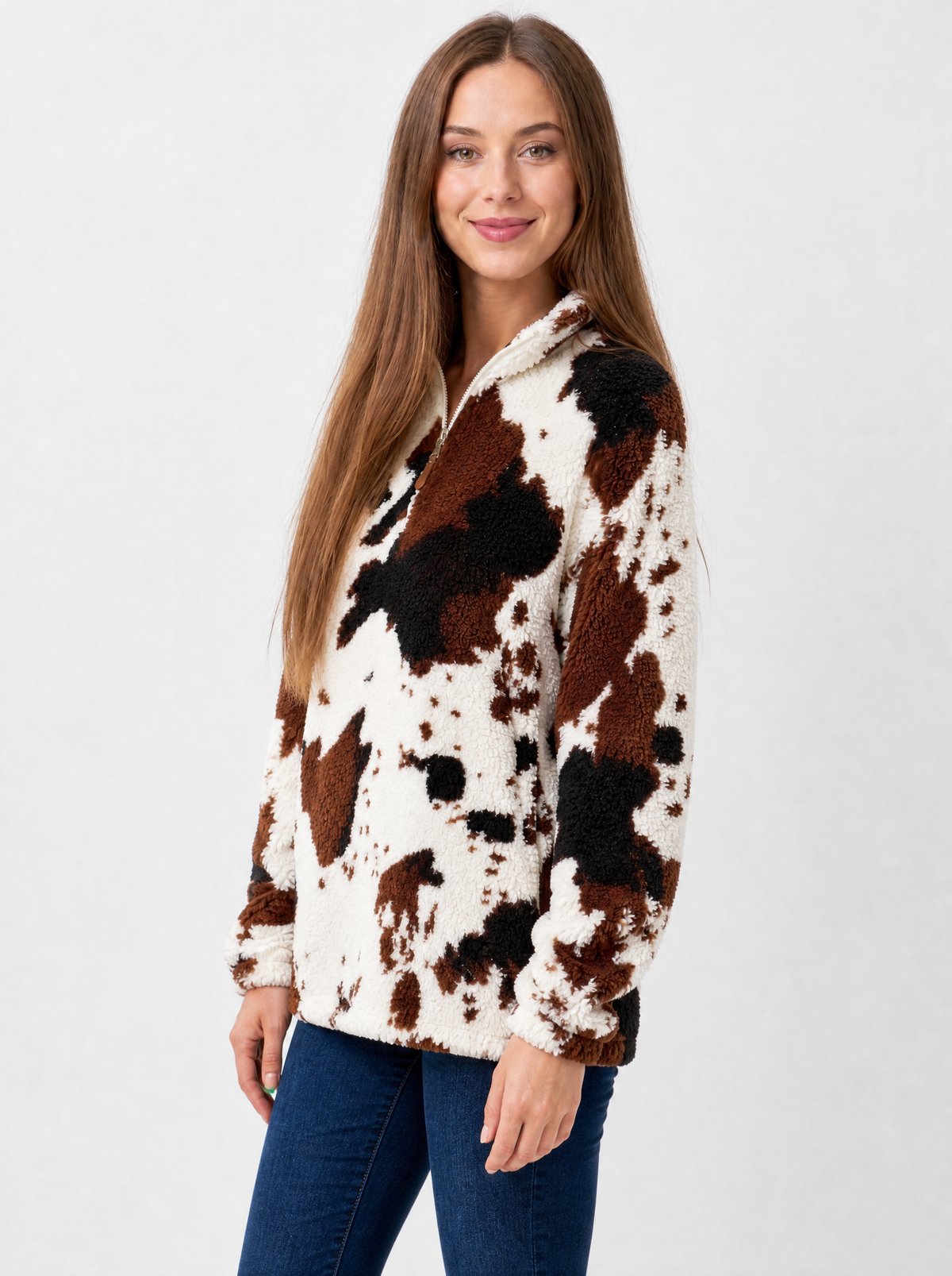 Women's Dark Brown/White cow print sherpa quarter zip, side view