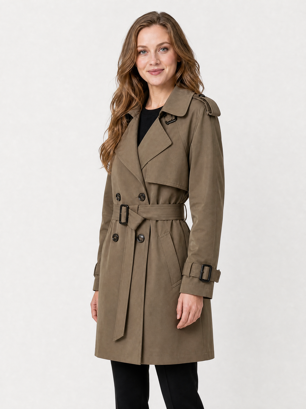 Women's Khaki double breasted mid-length trench coat, side view