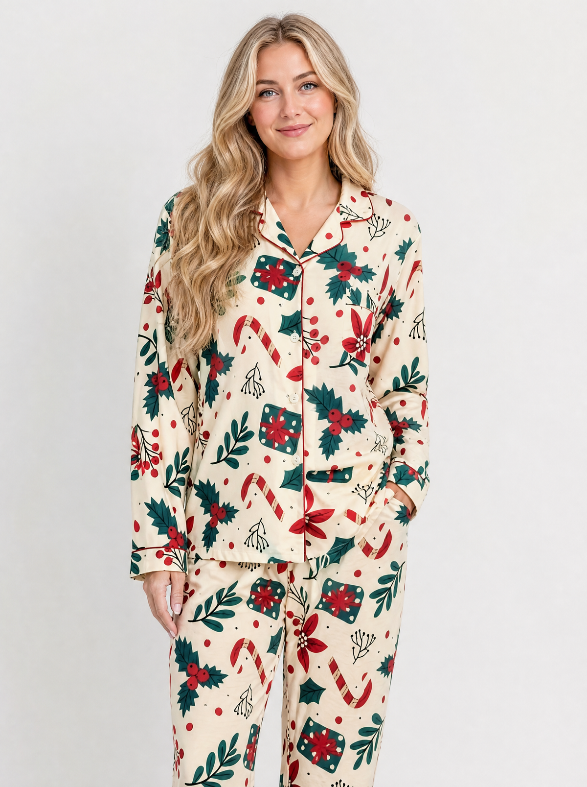 Women's White candy cane print button front pyjama set, front view