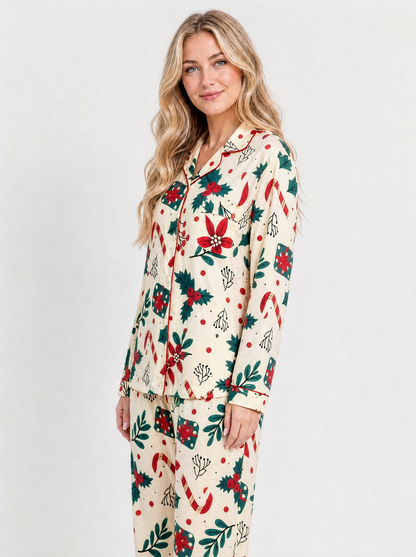 Women's White candy cane print button front pyjama set, side view