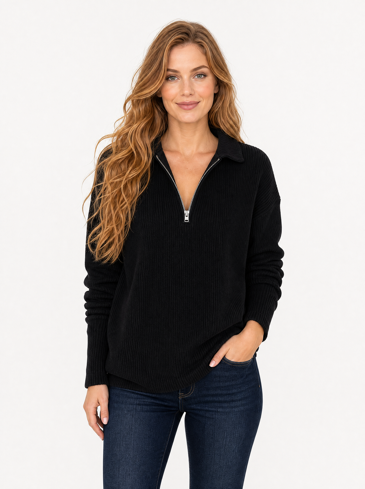 Women's Black ribbed quarter zip top, front view