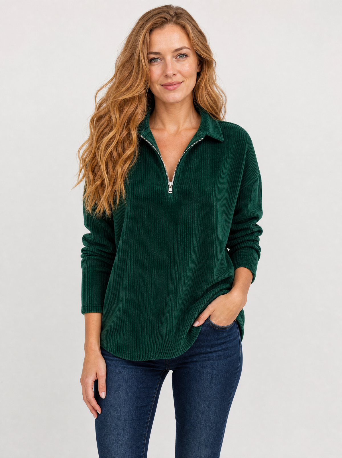 Women's Green ribbed quarter zip top, front view