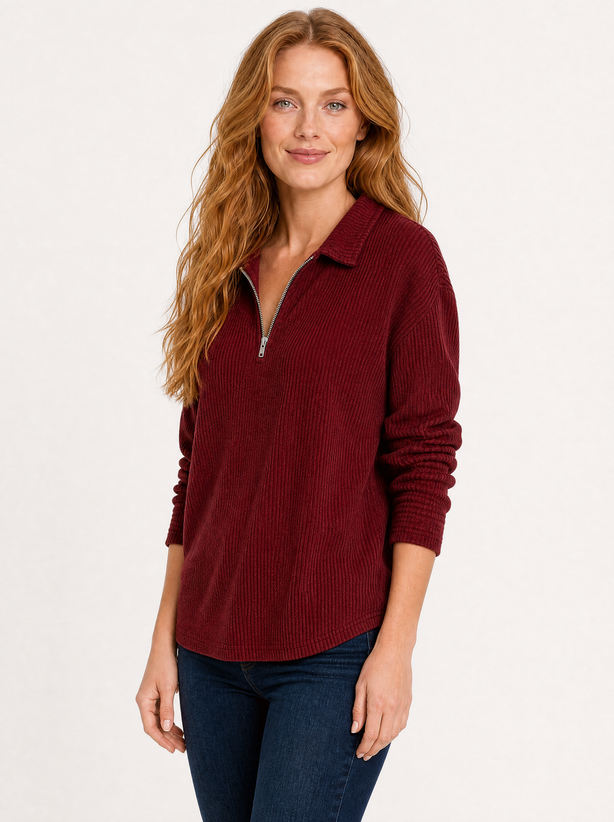 Women's Red ribbed quarter zip top, side view