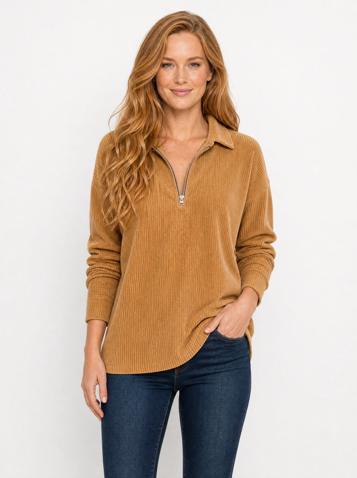 Women's Yellow ribbed quarter zip top, front view